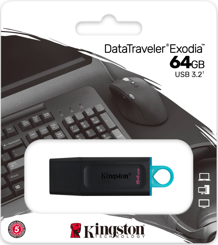 Kingston 64GB USB3.2 Gen 1 Data Traveler Exodia Memory Flash Drive (Black + Teal)