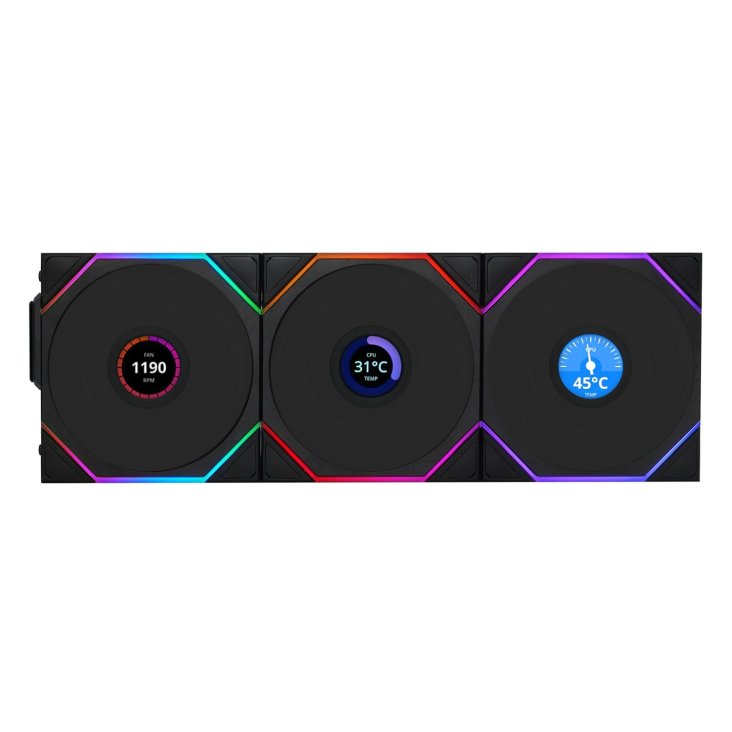 LIAN LI UNI FAN TL-LCD 120 Reverse -wireless ARGB Case Fan NO controller - Triple Pack Black - G99.12RTLLCD1W3B.00