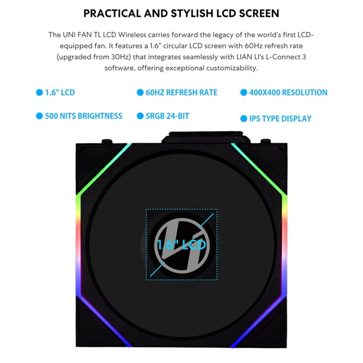 LIAN LI UNI FAN TL-LCD 120 Reverse -wireless ARGB Case Fan NO controller - Triple Pack Black - G99.12RTLLCD1W3B.00 — 7