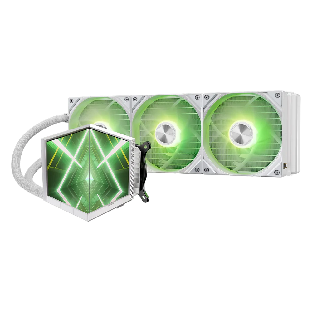 TRYX Stage 360 ARGB 360mm AIO Liquid CPU Cooler, Dual 4-inch IPS Display, Asetek 7th Gen V2 Pump, 280W TDP, 65.64 CFM High Airflow ARGB Gaming Cooler, White - L-S360A-DM3M-G0W