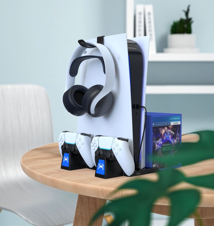 Ipega PS5 Multi-function Vertical Stand - Charging Dock, Headphone Stand, Disc Storage - Black - PG-P5009 — 2