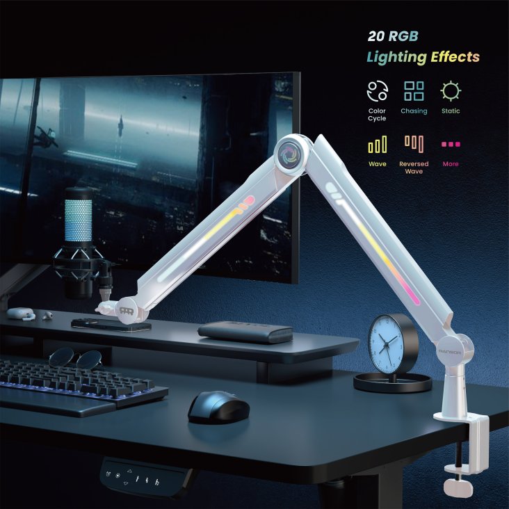 RANSOR® Gaming Hecaton Pro RGB Microphone Arm - White - RNSR-ARM-MPRGB-01 — 3