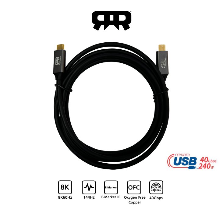 RANSOR® Premium Type C to C 2M/6.5ft USB4 240W 40Gbps - Black Cable