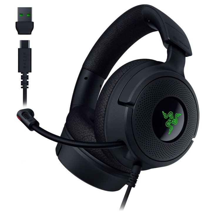 Razer Kraken V4 X Gaming Headset - Retractable Mic, USB-C Wired (USB-A Adapter), Black