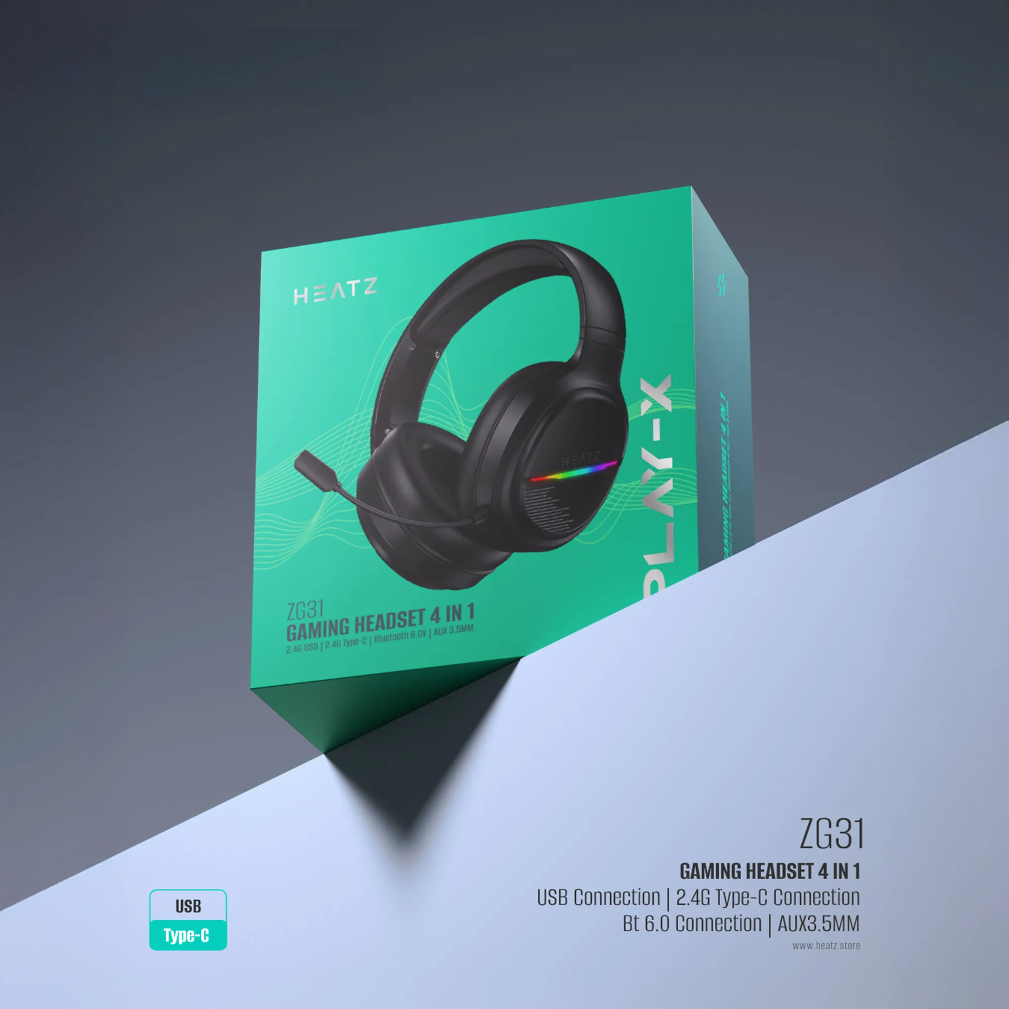 Heatz Gaming Headset 4-in-1, Wireless, Bluetooth , Foldable Microphone, RGB Light - Black