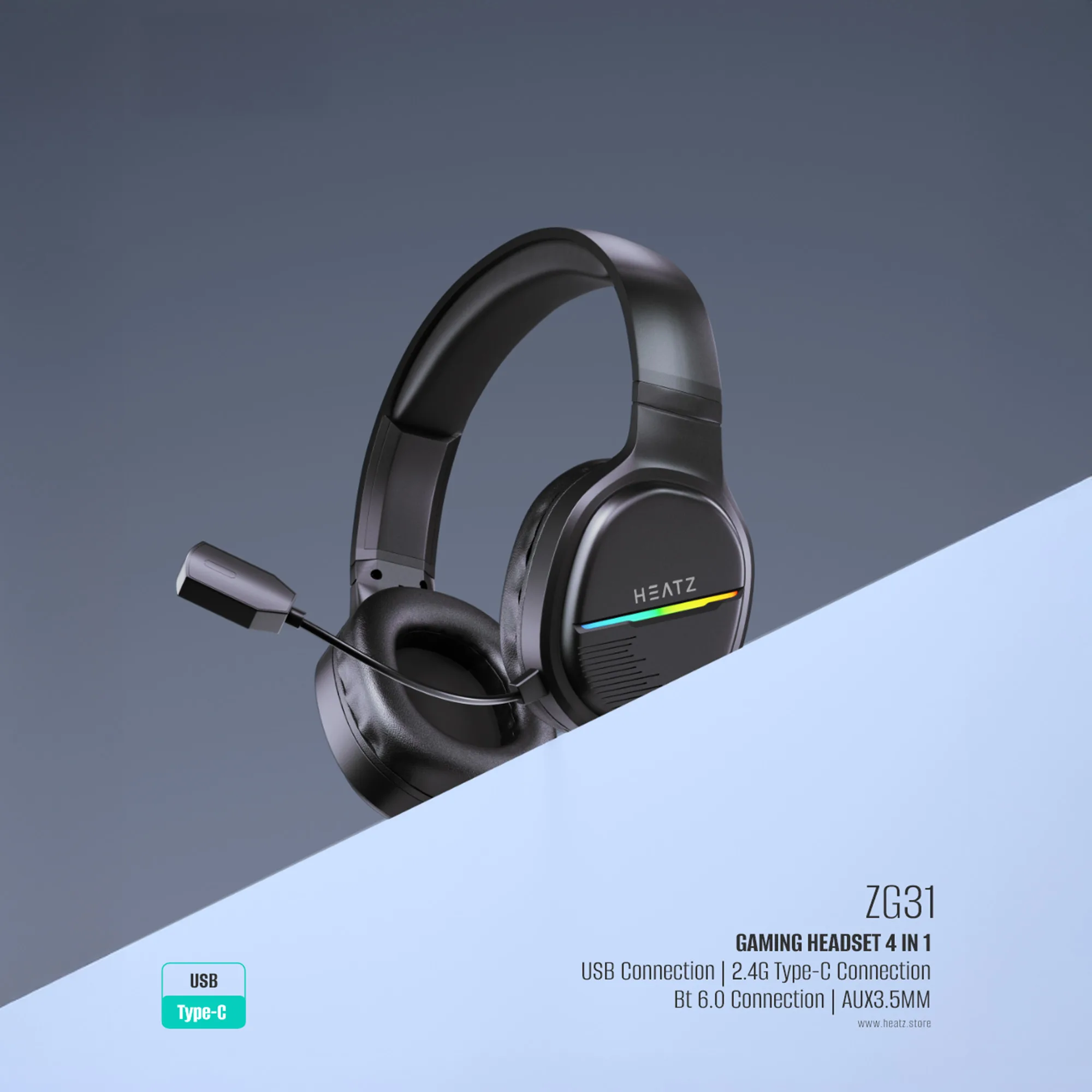 Heatz Gaming Headset 4-in-1, Wireless, Bluetooth , Foldable Microphone, RGB Light - Black — 2