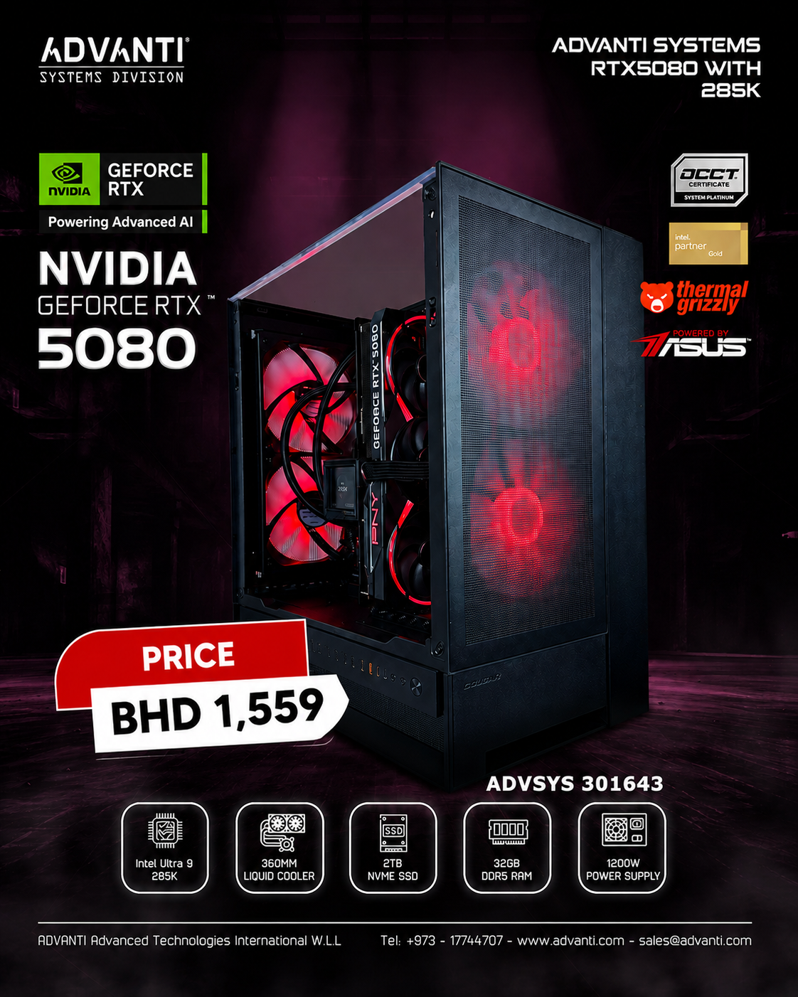 ADVANTI System NVIDIA GeForce RTX5080 With 285K: INTEL Ultra 9 285K, NVIDIA GeForce RTX5080 16GB, 32GB DDR5 RAM, 2TB NVME SSD, 1200W PSU-ONE YEAR WARRANTY - ADVSYS 301643 — 5