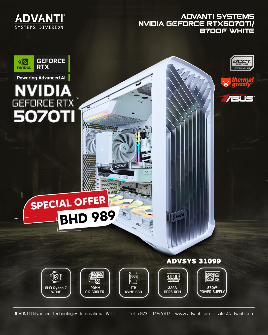 ADVANTI System NVIDIA GeForce RTX5070TI With 8700F White: AMD Ryzen 7 8700F, NVIDIA GeForce RTX5070TI 16GB, 32GB DDR5 RAM, 1TB NVME SSD,850W PSU-ONE YEAR WARRANTY-ADVSYS 31099 — 6
