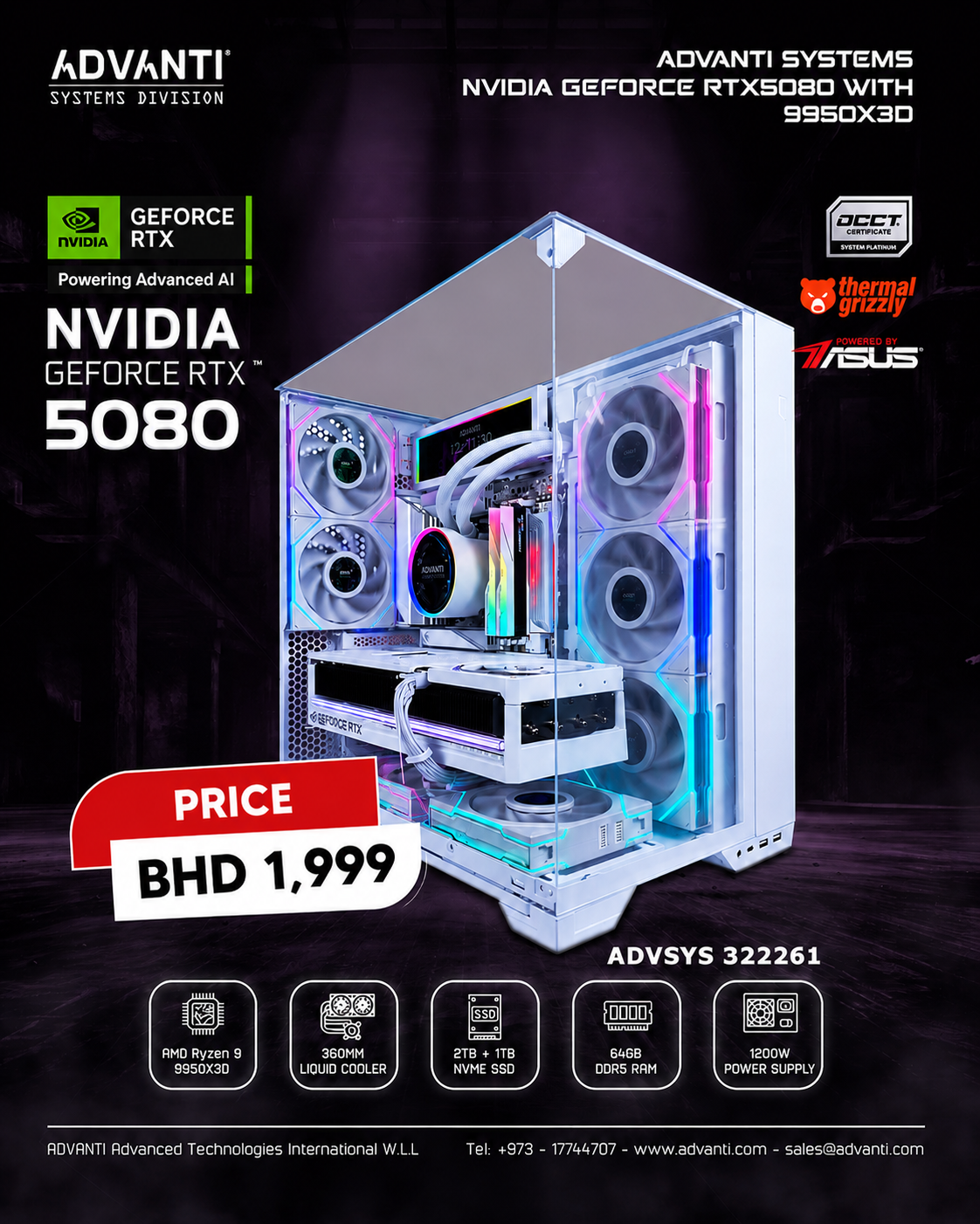 ADVANTI System NVIDIA GeForce RTX5080 With 9950X3D: AMD Ryzen 9 9950X3D, NVIDIA GeForce RTX5080 16GB, 64GB DDR5 RAM, 2TB NVME SSD, 1TB NVME SSD, 1200W PSU-ONE YEAR WARRANTY - ADVSYS 322261 — 5