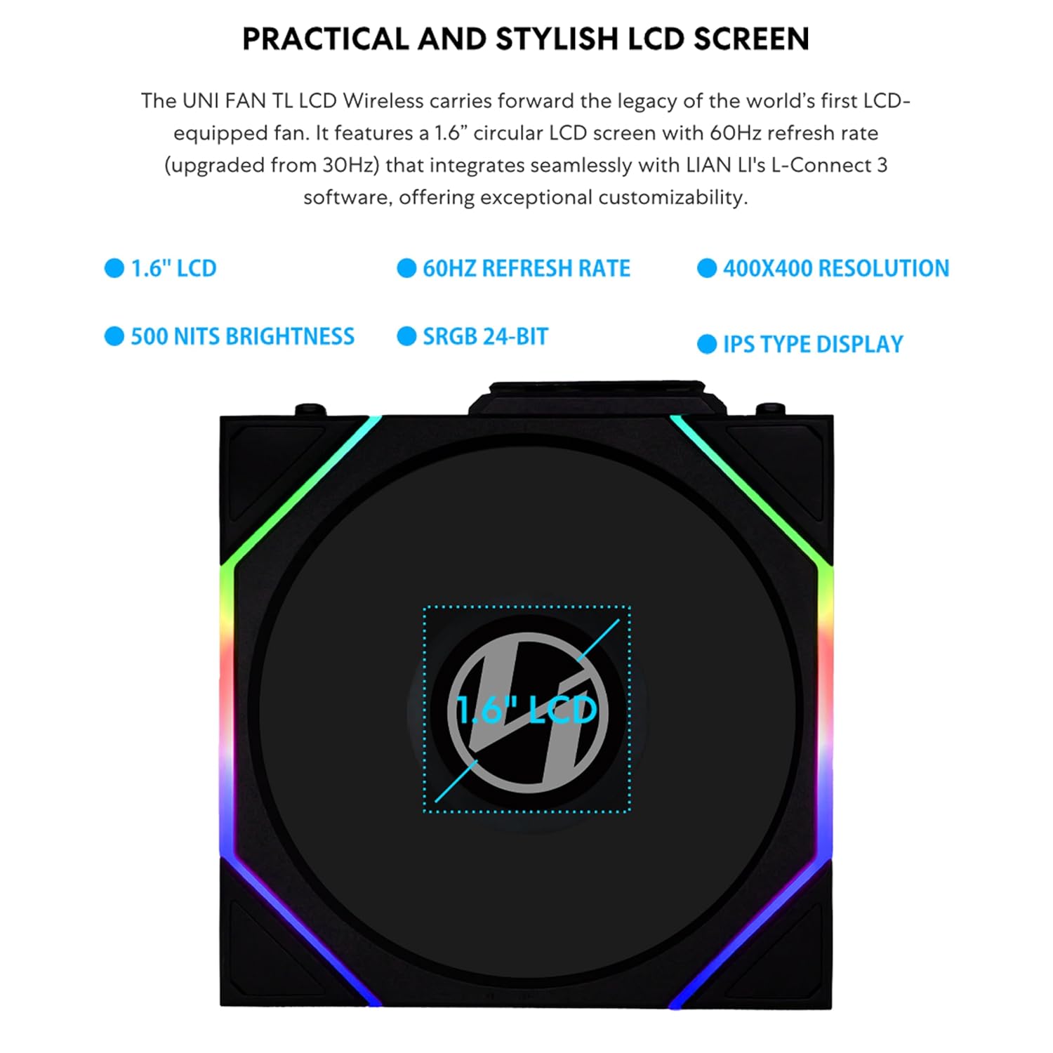 Lian Li UNI FAN TL-LCD 120 WIRELESS Black (1pc) REVERSE aRGB PWM with LCD Screen 120mm TBC RPM (1pcs) NO controller 28mm thickness - G99.12RTLLCD1W1B.00 — 7