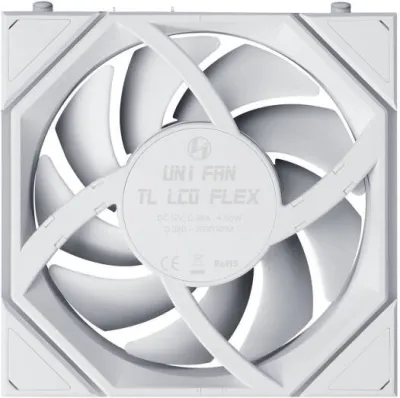 Lian-Li UNI FAN TL LCD FLEX Reverse Case Fan with Out Controller, 120mm Fan Size, 1900 RPM Fan Speed, 63 CFM Airflow, Fluid Dynamic Bearing, PBT / PA66 Material, Pack of 3, White- G9F.12RTLLCD1F3W.00 — 5