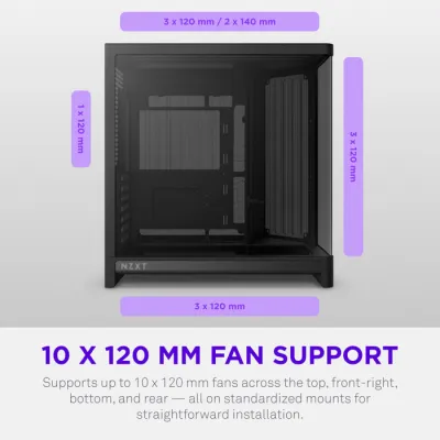 NZXT H6 RGB+ Compact Dual-Chamber ATX Mid-Tower Airflow Case, Support Up to 360mm Radiator, Steel-Tempered Glass Material, Up to 10 Fans, 8-Pin Connector, Rear-Connecting, Black- CC-H62FB-P1.ME — 3