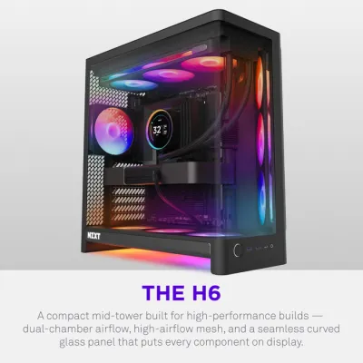 NZXT H6 RGB+ Compact Dual-Chamber ATX Mid-Tower Airflow Case, Support Up to 360mm Radiator, Steel-Tempered Glass Material, Up to 10 Fans, 8-Pin Connector, Rear-Connecting, Black- CC-H62FB-P1.ME — 6