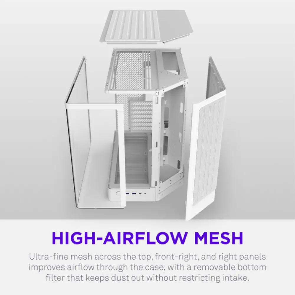 NZXT H6 RGB+ Compact Dual-Chamber ATX Mid-Tower Airflow Case, Support Up to 360mm Radiator, Steel-Tempered Glass Material, Up to 10 Fans, 8-Pin Connector, Rear-Connecting, White - CC-H62FW-P1.ME