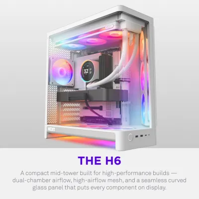 NZXT H6 RGB+ Compact Dual-Chamber ATX Mid-Tower Airflow Case, Support Up to 360mm Radiator, Steel-Tempered Glass Material, Up to 10 Fans, 8-Pin Connector, Rear-Connecting, White - CC-H62FW-P1.ME — 4
