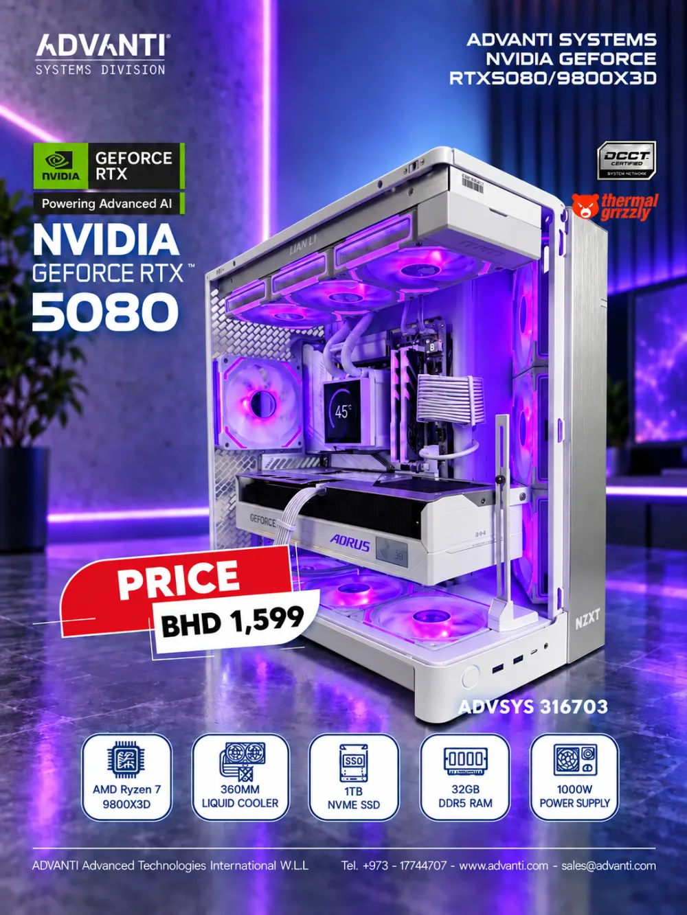 ADVANTI System NVIDIA GeForce RTX5080 With 9800X3D: AMD Ryzen 7 9800X3D, NVIDIA GeForce RTX5080 16GB,32GB DDR5 RAM,1TB NVME SSD,1000W PSU-ONE YEAR WARRANTY-ADVSYS 316703