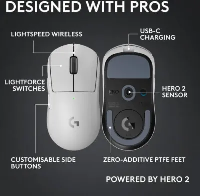 Logitech G Pro X Superlight 2c Wireless Gaming Mouse, 5 Buttons, 44K DPI, HERO 2 Sensor, 888 IPS Speed, 88G Acceleration, 8000Hz Polling Rate, Up to 95H Battery, White- 910-007539 — 3