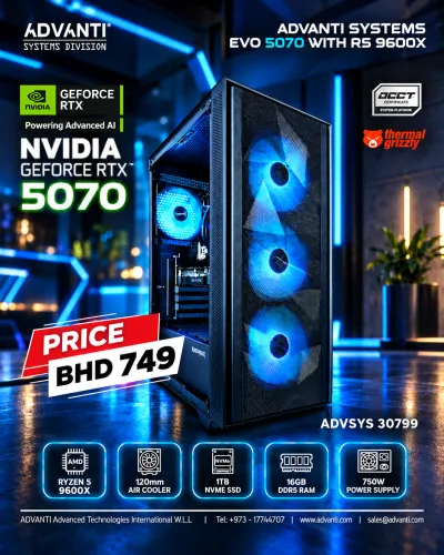 ADVANTI System EVO 5070 With R5 9600X: AMD Ryzen 5 9600X, NVIDIA GeForce RTX5070 12GB,16GB DDR5 RAM,1TB NVME SSD,750W PSU-ONE YEAR WARRANTY-ADVSYS 30799