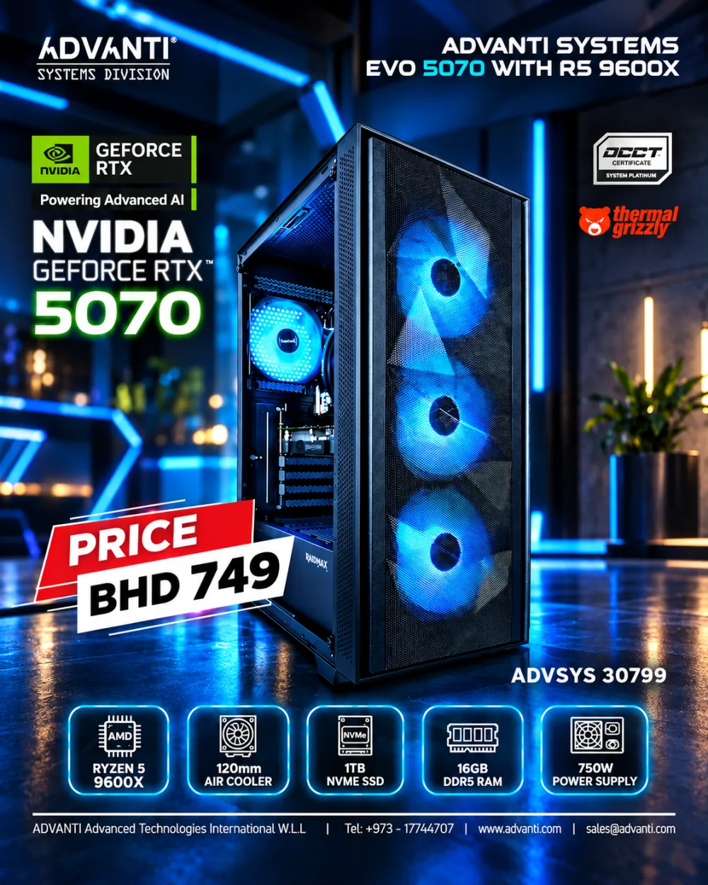 ADVANTI System EVO 5070 With R5 9600X: AMD Ryzen 5 9600X, NVIDIA GeForce RTX5070 12GB,16GB DDR5 RAM,1TB NVME SSD,750W PSU-ONE YEAR WARRANTY-ADVSYS 30799