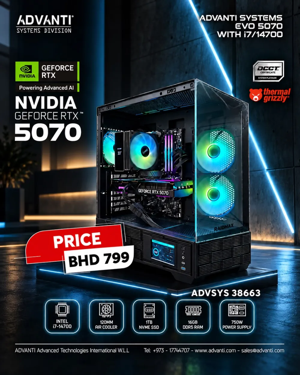 ADVANTI System EVO 5070 With i7 -14700: INTEL i7-14700, NVIDIA GeForce RTX5070 12GB,16GB DDR5 RAM,1TB NVME SSD,750W PSU-ONE YEAR WARRANTY-ADVSYS 38663