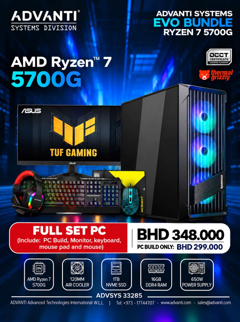 ADVANTI System EVO Ryzen 7 5700G: AMD Ryzen 7 5700G,16GB DDR4 RAM,1TB NVME SSD,650W PSU-ONE YEAR WARRANTY-ADVSYS 33285
