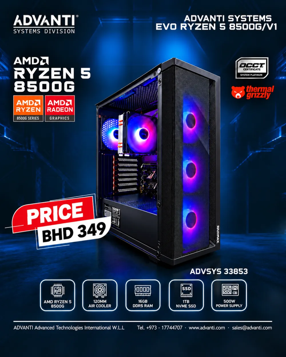 ADVANTI System EVO Ryzen 5 8500G V1: AMD Ryzen 5 8500G,16GB DDR5 RAM,1TB NVME SSD,500W PSU-ONE YEAR WARRANTY-ADVSYS 33853