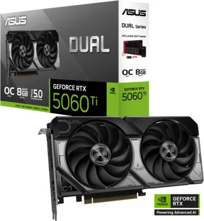 ASUS Dual GeForce RTX 5060 Ti OC Edition Graphics Card, 8GB GDDR7 128-Bit Memory, 2602 MHz Boost Clock, 28 Gbps Memory Speed, 4608 CUDA Cores, PCI Express 5.0 - 90YV0MP2-M0NA00