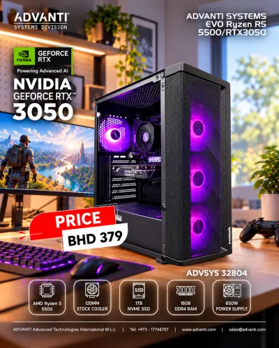 ADVANTI System EVO Ryzen R5 5500 With RTX3050: AMD Ryzen 5 5500, NVIDIA GeForce RTX3050 6GB,16GB DDR4 RAM,1TB NVME SSD,650W PSU-ONE YEAR WARRANTY-ADVSYS 32804