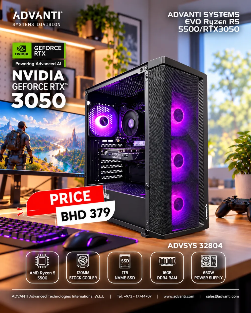 ADVANTI System EVO Ryzen R5 5500 With RTX3050: AMD Ryzen 5 5500, NVIDIA GeForce RTX3050 6GB,16GB DDR4 RAM,1TB NVME SSD,650W PSU-ONE YEAR WARRANTY-ADVSYS 32804