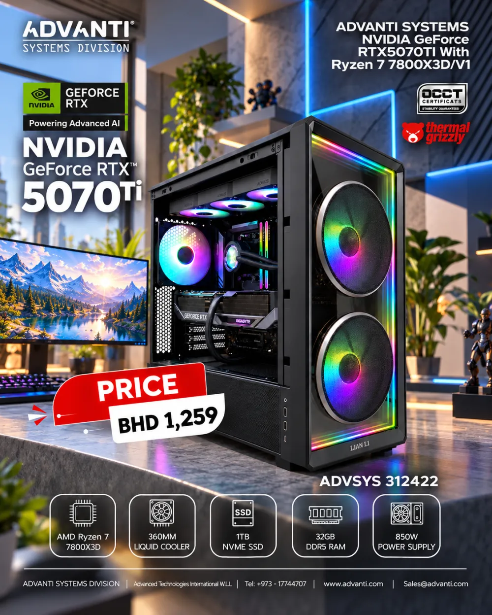 ADVANTI System NVIDIA GeForce RTX5070TI With 7800X3D V1: AMD Ryzen 7 7800X3D, NVIDIA GeForce RTX5070TI 16GB,32GB DDR5 RAM,1TB NVME SSD,850W PSU-ONE YEAR WARRANTY-ADVSYS 312422