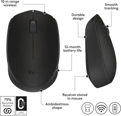 Logitech M170 1000 DPI 2.4GHz Wireless Mouse - Grey — 9