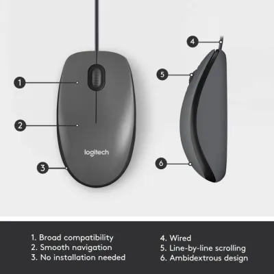 Logitech M100 Wired Mouse - Grey - USB - 910-006652 — 6