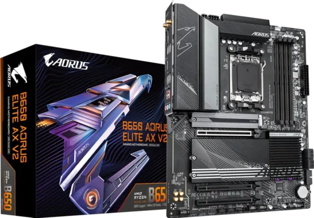 GIGABYTE B650 Aorus Elite AX V2 AM5 ATX Motherboard, AMD B650 Chipset, 4x DDR5 DIMM Sockets, 256GB Max Memory, 3x M.2 Slots, 1x PCIe 4.0 x16 Slot, Realtek 2.5GbE LAN chip- 9MB65ELX2-00-G11
