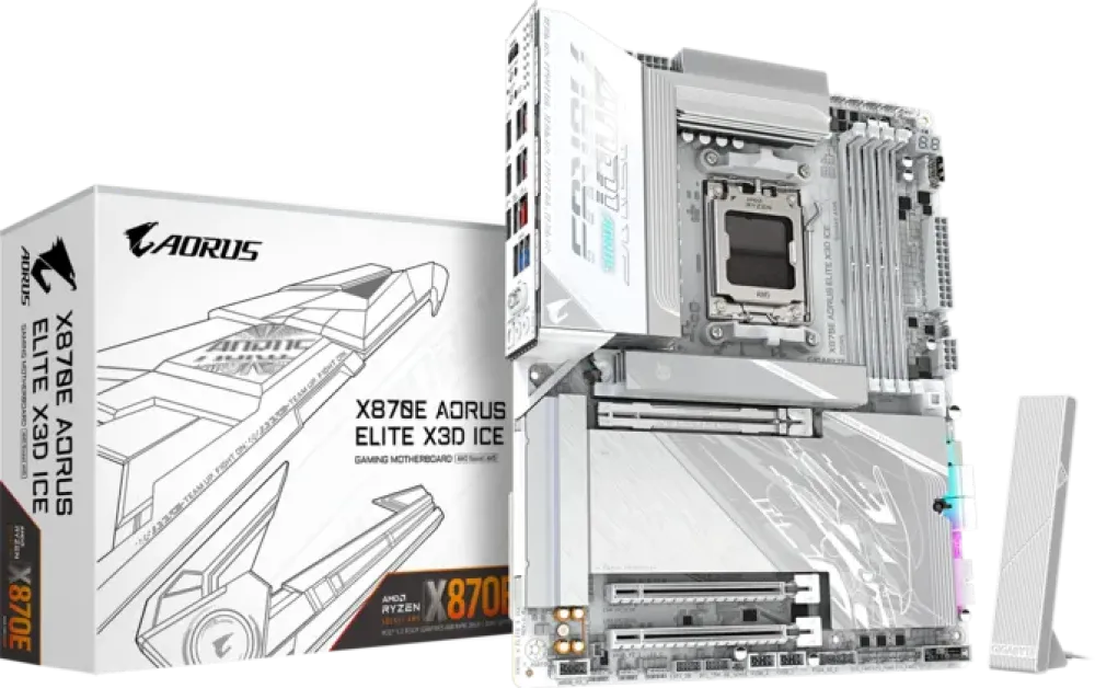 GIGABYTE X870E AORUS ELITE X3D ICE AM5 ATX Motherboard, AMD X870E Chipset, 4x DDR5 DIMM Slots, 256GB Max Memory, 1x PCI Express x16 Slot, 4x M.2 Slots, White- 9MX87EEXE-00-G10