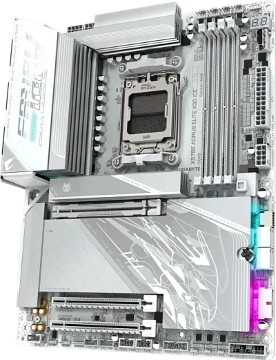 GIGABYTE X870E AORUS ELITE X3D ICE AM5 ATX Motherboard, AMD X870E Chipset, 4x DDR5 DIMM Slots, 256GB Max Memory, 1x PCI Express x16 Slot, 4x M.2 Slots, White- 9MX87EEXE-00-G10 — 2