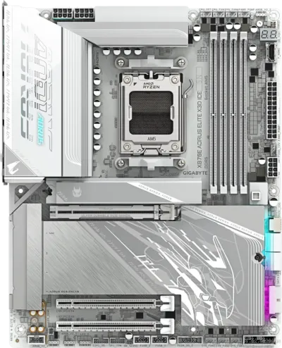 GIGABYTE X870E AORUS ELITE X3D ICE AM5 ATX Motherboard, AMD X870E Chipset, 4x DDR5 DIMM Slots, 256GB Max Memory, 1x PCI Express x16 Slot, 4x M.2 Slots, White- 9MX87EEXE-00-G10 — 4