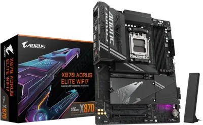 GIGABYTE X870 Aorus Elite Wifi7 AM5 ATX Motherboard, AMD X870 Chipset, 4x DDR5 DIMM Slot, 256GB Max Memory, 4x M.2 Slots, 1x PCIe 5.0 x16, Black-9MX87EL7-00-G11
