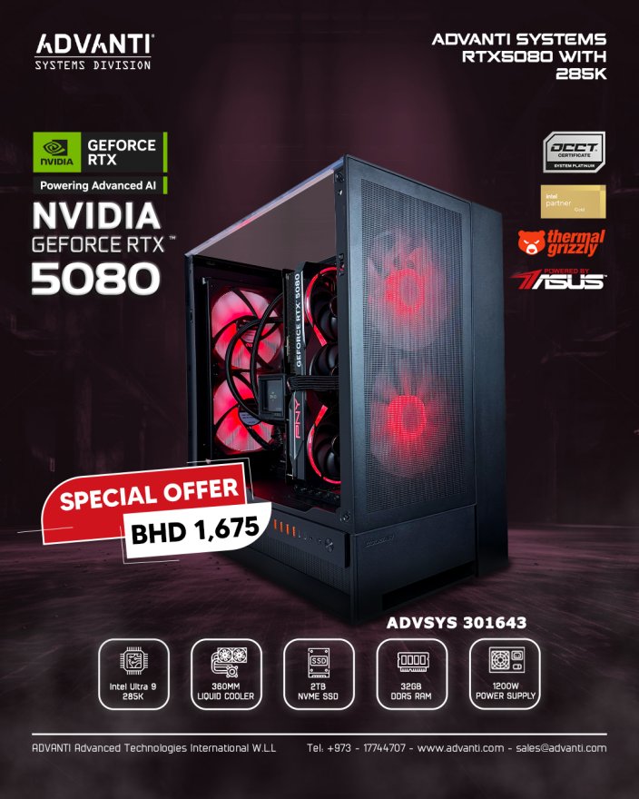 ADVANTI System NVIDIA GeForce RTX5080 With 285K: INTEL Ultra 9 285K, NVIDIA GeForce RTX5080 16GB, 32GB DDR5 RAM, 2TB NVME SSD, 1200W PSU-ONE YEAR WARRANTY - ADVSYS 301643