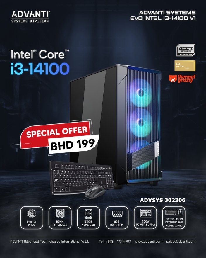 ADVANTI System EVO Intel i3-14100 V1: INTEL i3-14100, 8GB DDR4 RAM, 512GB NVME SSD, 500W PSU-ONE YEAR WARRANTY - ADVSYS 302306