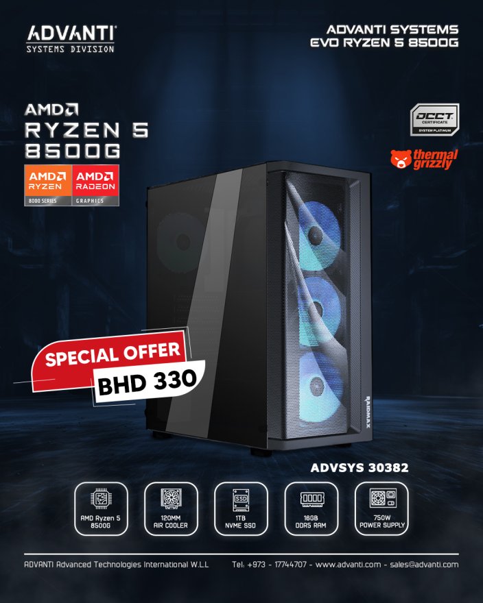 ADVANTI System EVO Ryzen 5 8500G: AMD Ryzen 5 8500G, 16GB DDR5 RAM, 1TB NVME SSD, 750W PSU-ONE YEAR WARRANTY - ADVSYS 30382