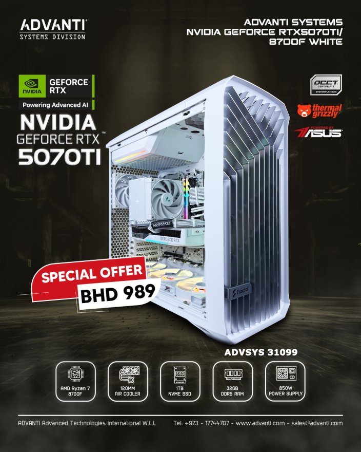 ADVANTI System NVIDIA GeForce RTX5070TI With 8700F White: AMD Ryzen 7 8700F, NVIDIA GeForce RTX5070TI 16GB, 32GB DDR5 RAM, 1TB NVME SSD,850W PSU-ONE YEAR WARRANTY-ADVSYS 31099