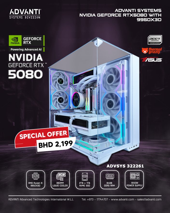 ADVANTI System NVIDIA GeForce RTX5080 With 9950X3D: AMD Ryzen 9 9950X3D, NVIDIA GeForce RTX5080 16GB, 64GB DDR5 RAM, 2TB NVME SSD, 1TB NVME SSD, 1200W PSU-ONE YEAR WARRANTY - ADVSYS 322261