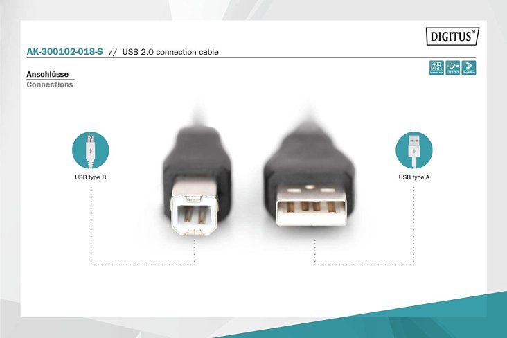 Digitus USB 2.0 Cable - Type A - B, M/M - AK-300102-018-S — 2