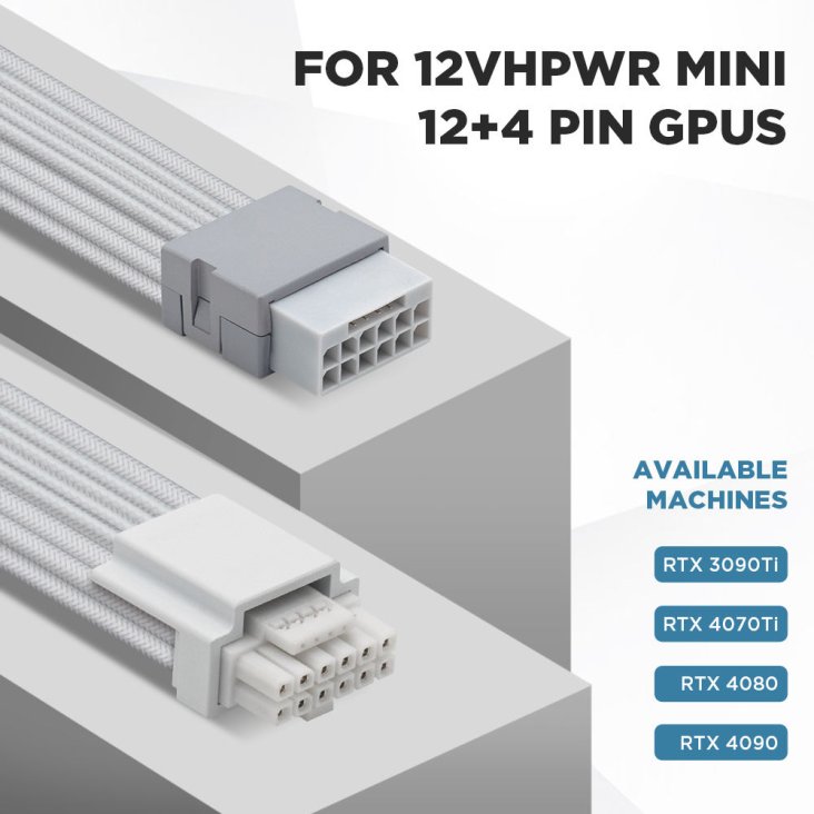 AsiaHorse PCIe 5.0 12VHPWR Sleeved Cable Extension - 16P Male to 16P Female - White - AS PCIE5.0(12+4) 1-END 180° WHT — 2