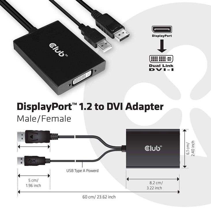 Club 3D CAC-1010 Adapter Cable - DisplayPort 1.2 Male/USB-A Male to DVI-I Female - Club 3D CAC-1010 — 2